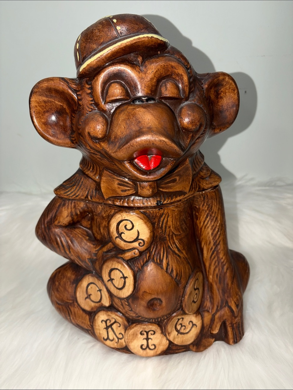 Vintage  1960’s Treasure Craft Monkey Cookie Jar - Brown with Red Accent